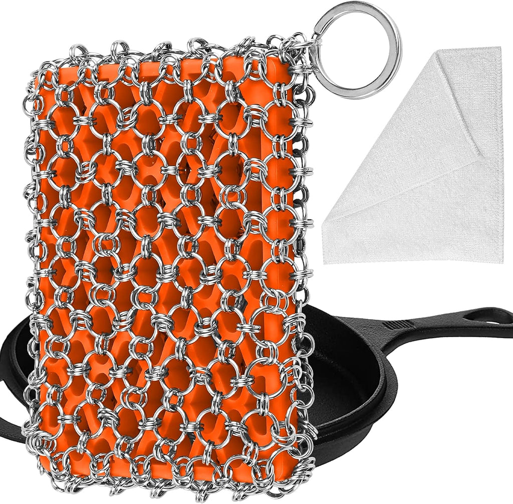 Most Flexible Cast Iron Scrubber, 316L Cast Iron Cleaner Chainmail Scrubber, Chain Scrubber for Cast Iron Pans, Pots, Skillets, Chain Mail Scrubbing Pad Scrub for Cast-Iron, Cast Iron Cleaning