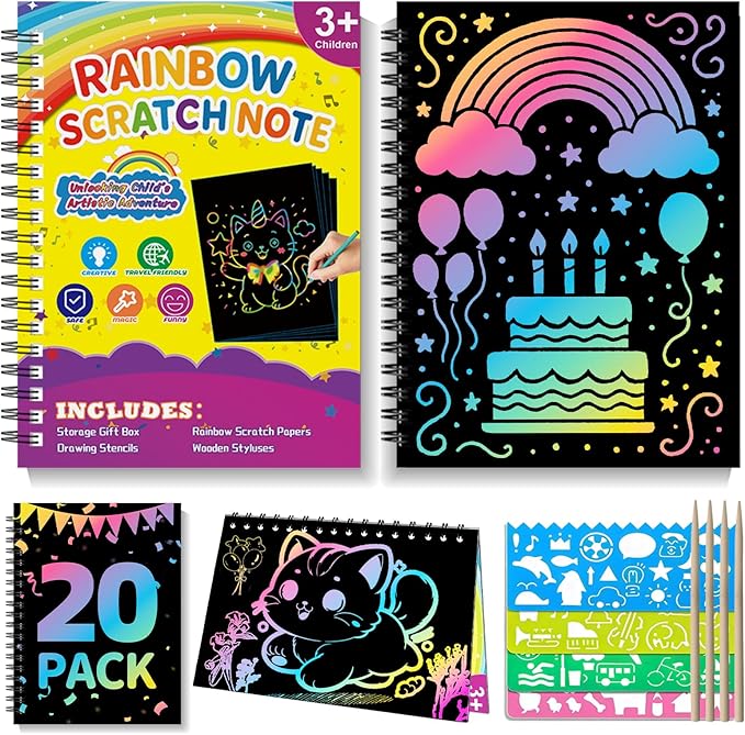 HXDOGSP Scratch Art for Kids: 20 Pack Rainbow Scratch Paper Party Favors - Art Crafts Notebook Suitable for Birthday Gifts/School Crafts Kit/Classroom Prizes for Girls and Boys Aged 4-12