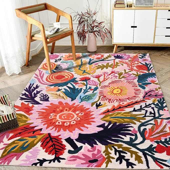 Handmade Wool Floral Area Rug for Living Room | Elegant Flower Garden Design, Soft, Thick and Durable | Bedroom, Dining Room & Home Decor Carpet (10' x 14', Floral E)