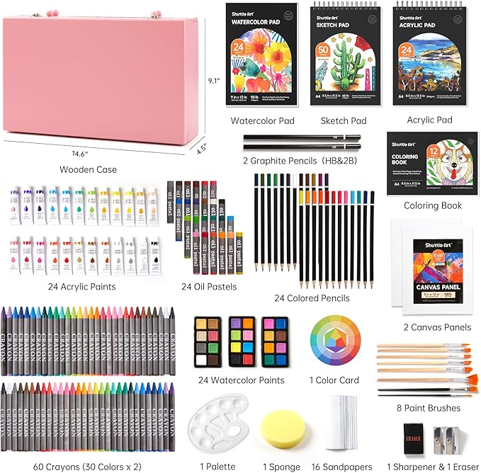 Shuttle Art Deluxe Gift Art Kit, 202-Piece Wooden Art Supplies Set with 4 Drawing Pads, Canvases, Coloring Sheets, Acrylic Paint, Crayons, Oil Pastels, Colored Pencils for Kids