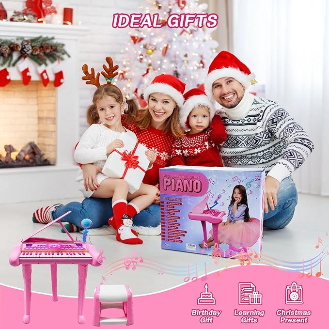 Dollox Keyboard Piano for Kids, 37-Key Toddler Piano Musical Instrument Toy, Electric Keyboard for Girls, 3, 4, 5, 6, 7 Years Old Birthday Gift - Mini Music Toy with Stool (Pink)