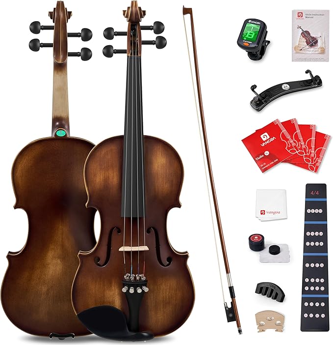 Vangoa Violin 4/4 Full Size Set, Varnish Fiddle Solid Wood for Professional Adults Senior Intermediate Beginners Student Starter Acoustic Violins Kit Outfit with Ebony Fitted, Hard Case, Right Handed