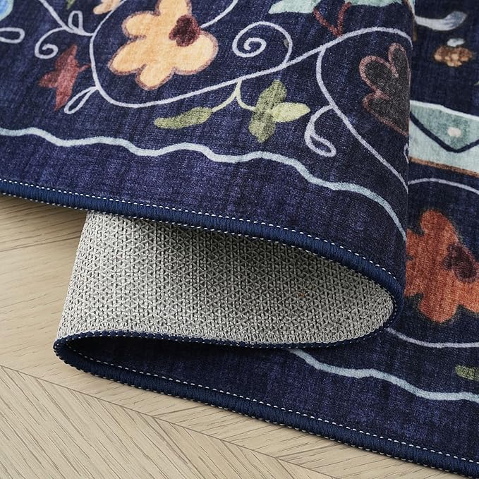 Rugcomf Living Room Rug 5x7 Rug Machine Washable Boho Area Rug Non Slip Floral Animal Cat Vintage Low Pile Large Rugs for Living Room Bedroom Farmhouse Dining Room Kids Playroom, Cobalt Blue