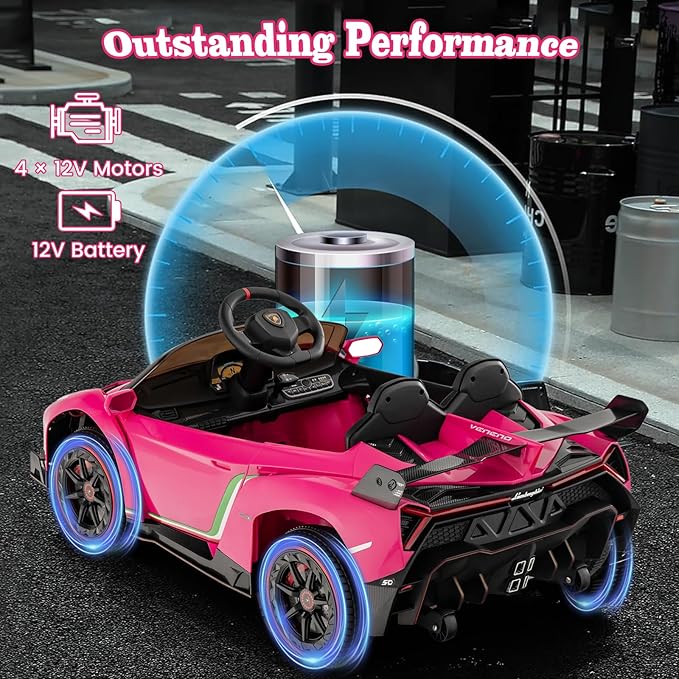 Costzon Pink Lamborghini Ride on Car, 12V Battery Powered 4WD Lambo Kids Car with Remote Control, 3 Speeds, Dual Doors, LED Lights, Horn, Music, Licensed Electric Vehicle for Toddlers Girls Kids Gift