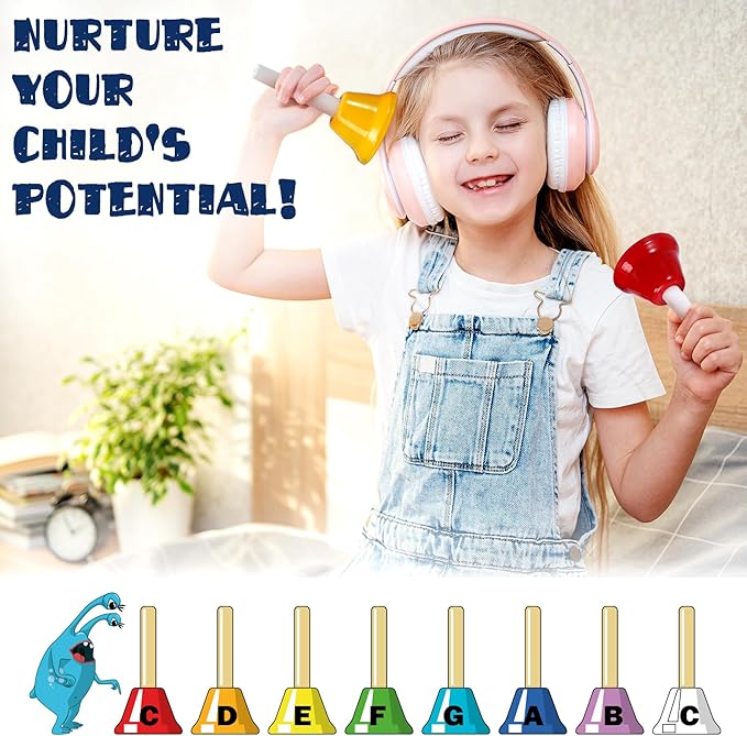 MINIARTIS Hand Bells for Kids | Educational Music Toys for Toddlers 8 Notes Colorful Handbells Set | Kids Musical Instrument with 15 Songbook | Great Birthday Gift for Children