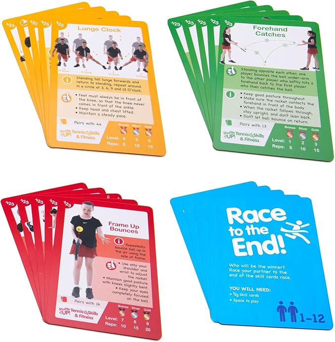 Shuffle Up Tennis Card Games - 70+ Fun & Active Skills Cards for Kids, Fitness Cards Develop Fundamentals, Stamina & Strength, Easy to Play for Kids | Multiple Skill Level Cards Include 2 Dices