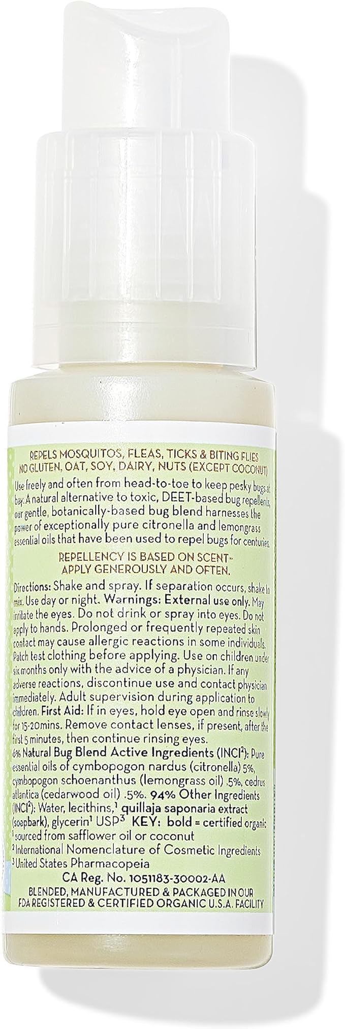 California Baby Natural Bug Repellent Spray | Citronella Bug Spray | DEET-Free | Repels Mosquitoes + Bugs | Allergy Friendly | Great Smell | Baby & Adult Insect Repellent Spray | 59 mL / 2 oz.