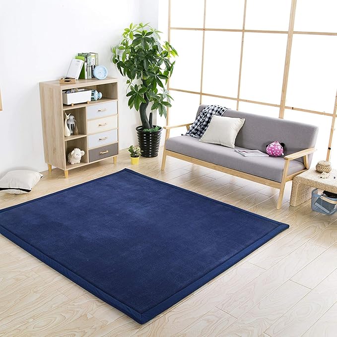 Loartee Coral Velvet Crawling Rug (6'8"x7'9", Dark Blue) for Toddler Children Play Area Rug Yoga Mat Exercise Pad