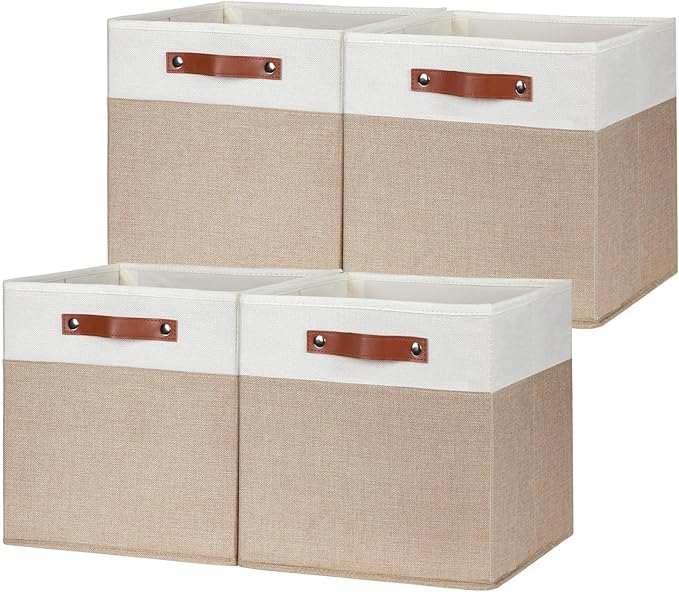 HNZIGE Fabric Baskets for Organizing 13x13 Storage Cubes, Set of 4 Fabric Foldable Canvas Storage Bins for Shelves, Cloth Storage Bins for Cube Organizers Toy Nursery Closet Bedroom?Beige&White?