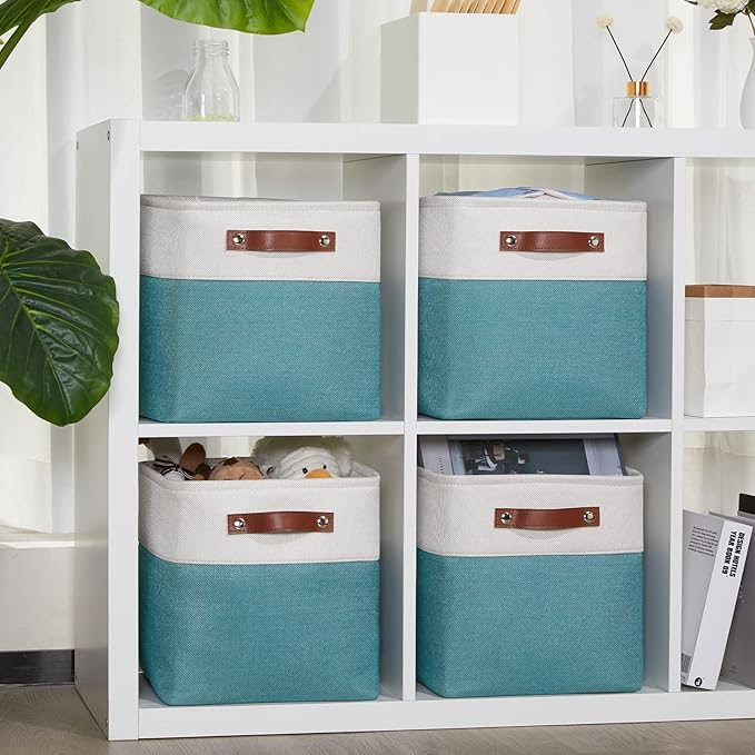 DULLEMELO Foldable Storage Cubes 11 x 11 Organizer Bins,Canvas Storage Bins Empty Gift Baskets for Organizing with SturdyLeather Handles, Closet Baskets for Nursery Storage(4 Pack - 11" White&Teal)