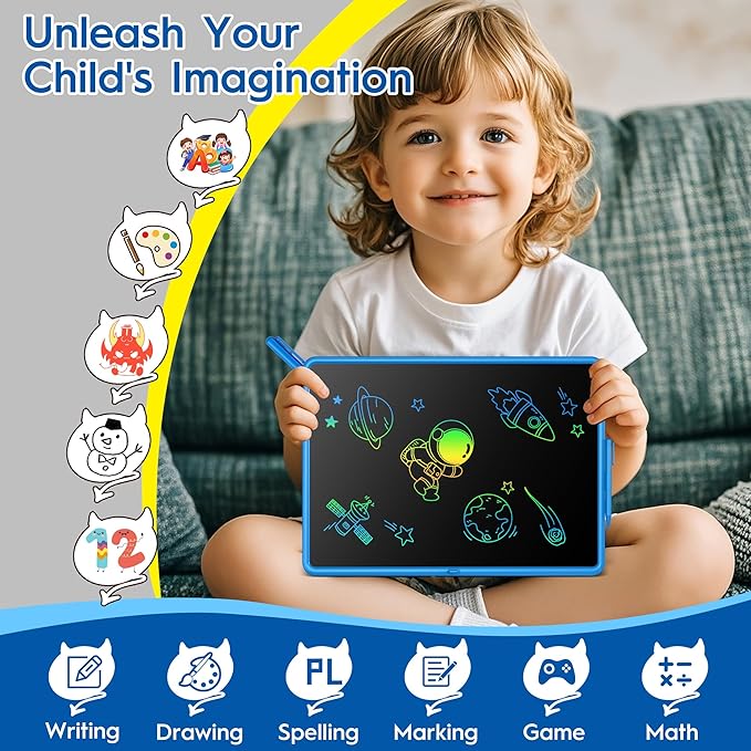 LCD Writing Tablet - 15 Inch Large Doodle Board, Rechargeable Drawing Pad for Kids & Teens, Learning Toys for 3-10+ Year Old Boys & Girls, Birthday & Christmas Gifts, Blue Travel Toys