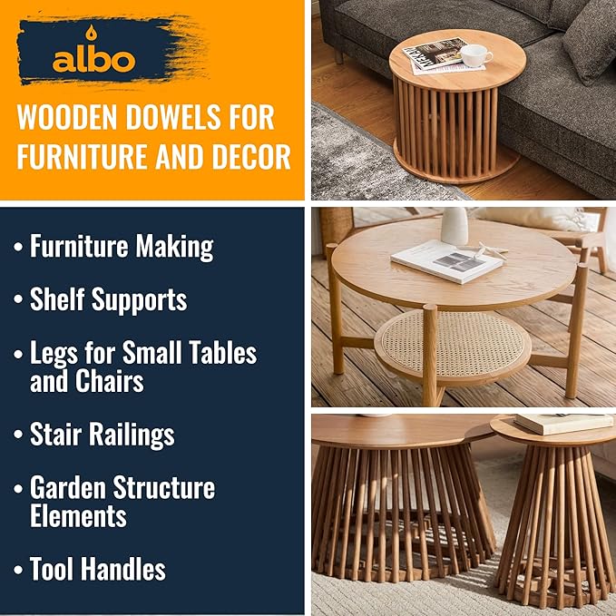 ALBO 1" x 48" Wooden Dowel Rods Set - 25 Pack Birch Natural Long Craft Sticks Rails Shelf Supports Garden Hardwood Smooth Finish Woodworking Material DIY Furniture Bulk Professional