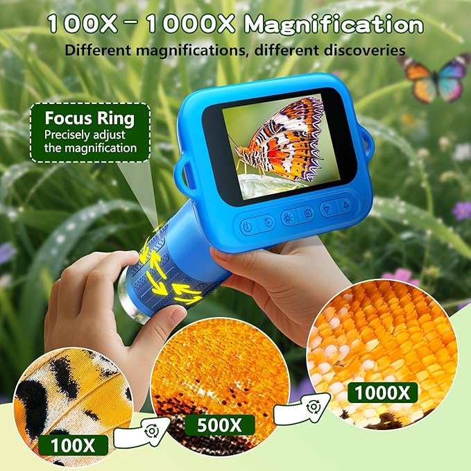 Microscope for Kids with 12 Slides, 100X-1000X 1080P Digital Handheld Kids Microscope, Mini Portable Pocket Miniscope Science Toys Gifts for 3+ 4 5 6 7 8 9 10 11 12 Year Old Boys Girls, Blue