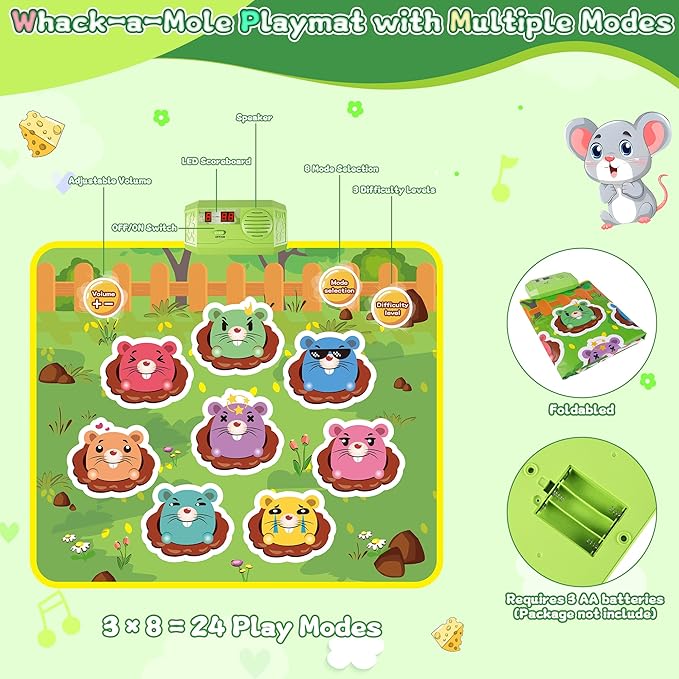 M SANMERSEN Whack A Mole Game Toys for Kids, Toddler Toys for Ages 2 3 4 5 Whack A Mole Game Playmat with 2 Hammers, Birthday Gifts for Kids Boys Girls Family Games Party Favors
