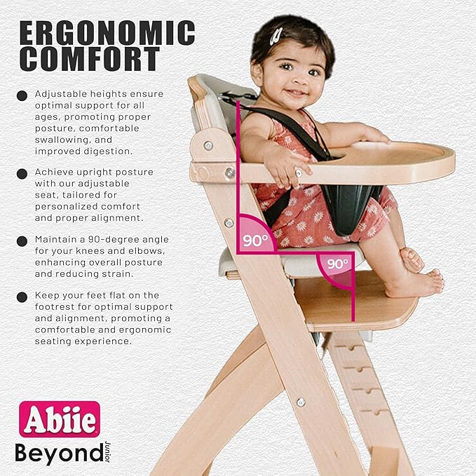 Abiie Beyond Junior Wooden High Chair with Tray - Adjustable and Convertible High Chair for Babies and Toddlers - 6 Months to 250 Lb - Water Resistant - Misty Grey Wood with Black Pearl Cushion