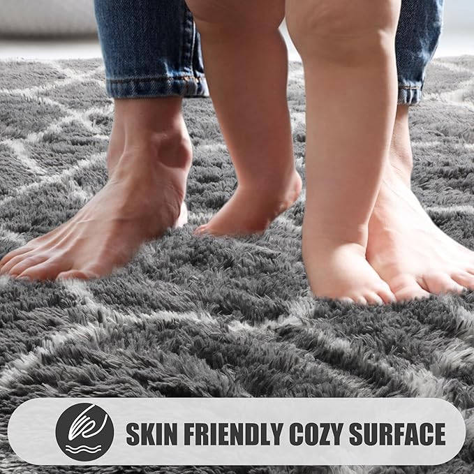 ONASAR 8x10 Area Rugs for Living Room, Fluffy Grey and White Bedroom Rug, Washable Geometric Boho Large Soft Plush Shaggy Fuzzy Floor Carpet for Nursery Kids Classroom Playroom Dorm Home Decor