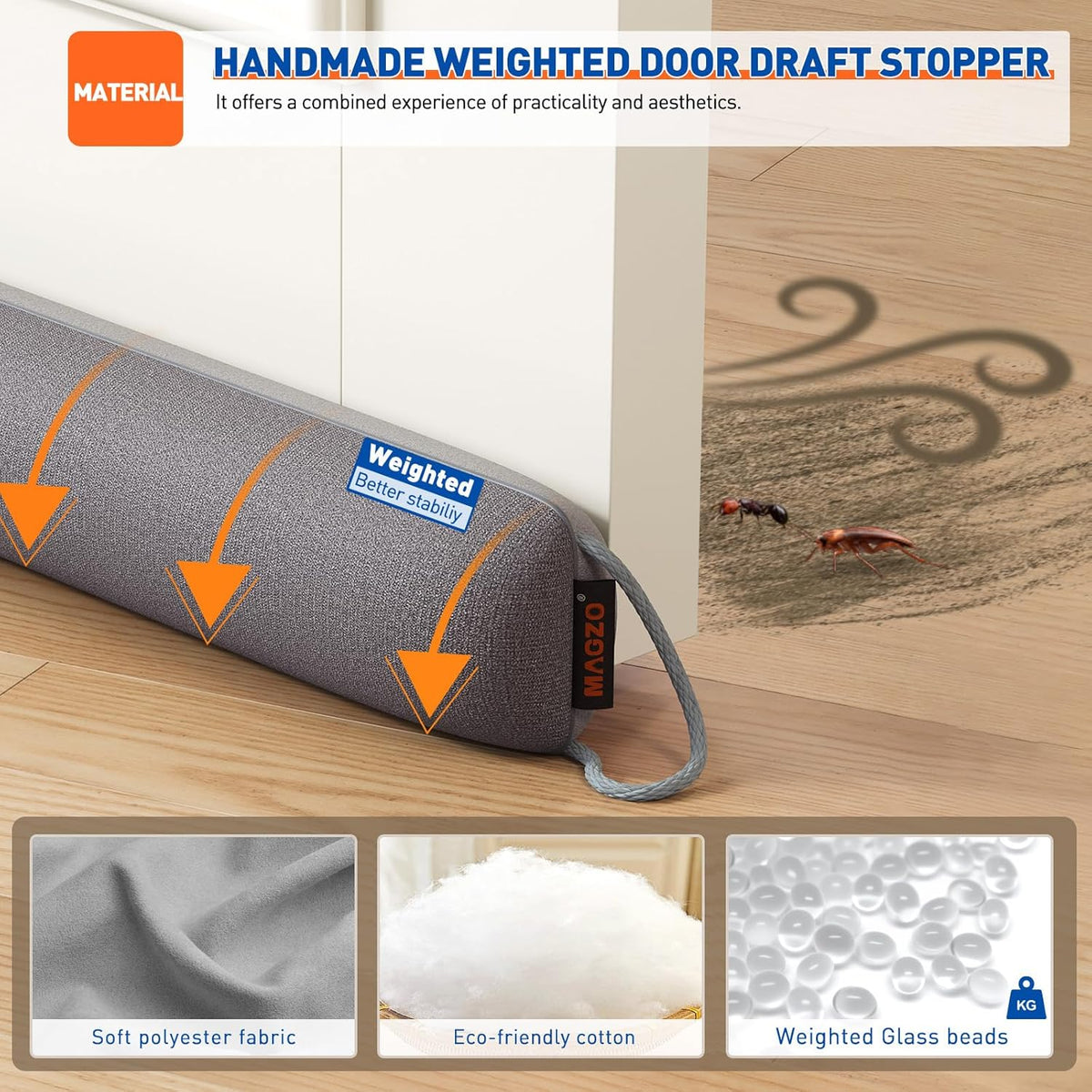 MAGZO Door Draft Stopper, 34 Inch Under Door Draft Blocker Noise Stopper, Weighted Wind Blocker Draft Guard for Bottom of Door, Gray