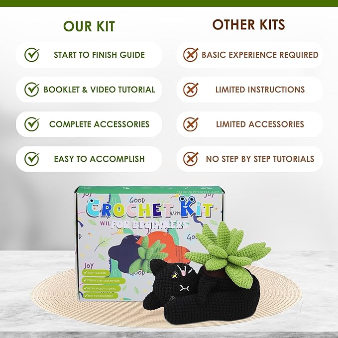 KularStock Beginner Crochet Kit - Black Cat Animal Crochet Kit for Beginners with Yarn, Hooks, Accessories, and Patterns, Knitting & Crocheting Starter Kit for Adults & Kids