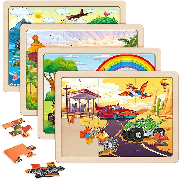 SYNARRY Large Wooden Monster Truck Puzzles for Kids Gift Box(12.2*9.4 in) - FSC Certified, 24 Piece Puzzles for Toddlers 3-5, Wood Puzzle for Kids Ages 4-6, Toys Gifts for 3 4 5 6 Year Old Boys Girls