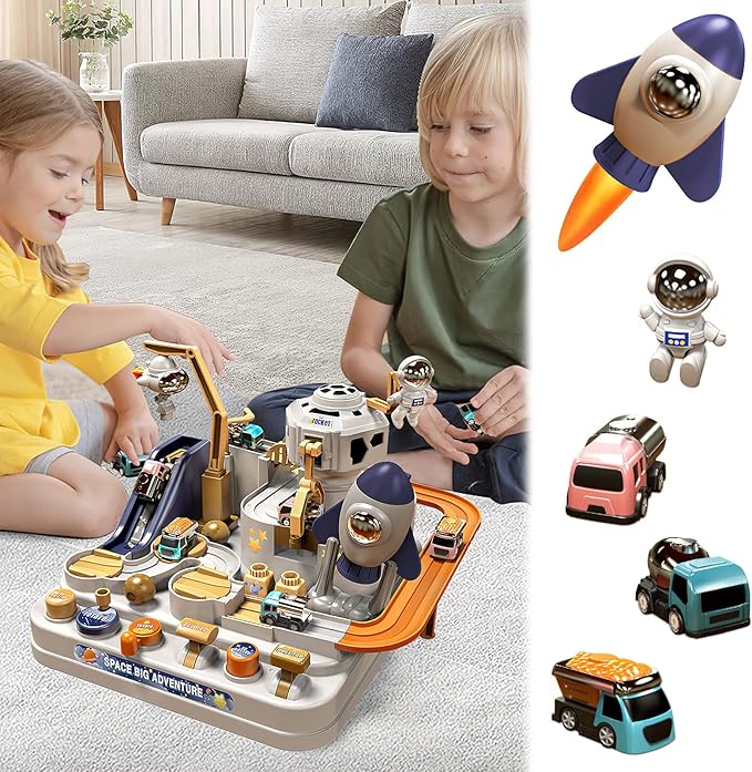 Mostop Kids Race Track Game Car Adventure Toy for 3 4 5 6 7 Years Old Boys Girls, Spaceship Puzzle Rail Track City Rescue Playset Magnet Toy Educational Learning Toddler Race Track with 3 Mini Cars