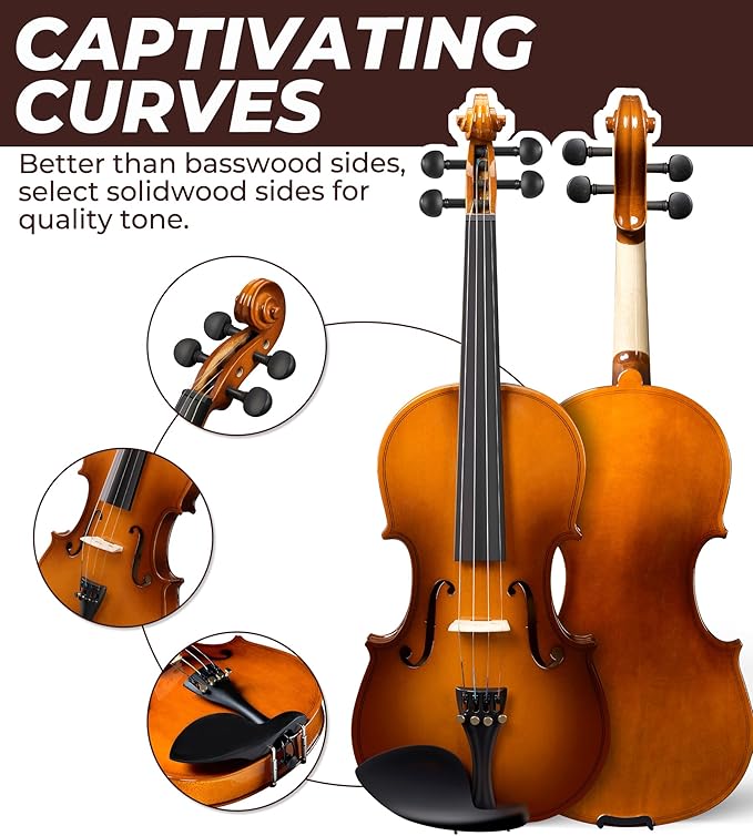 Vangoa Violin 4/4 Full Size Set Fiddle, Handcrafted Starter Acoustic Violins Kit with Solid Wood Side Board, Lightweight Hard Case for Beginners, Teens, Child, Kids Age 12+, Adults, Right Handed