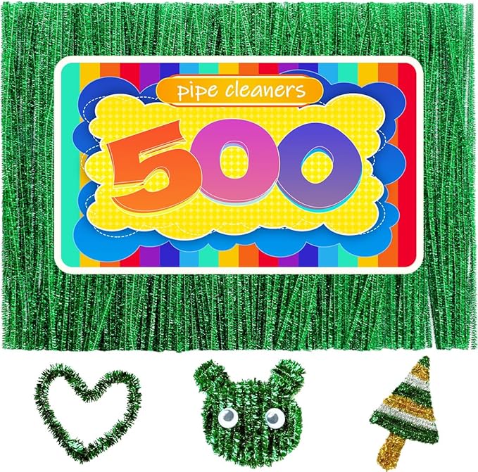 GAGANIU 500pcs Pipe Cleaners, Pipe Cleaners for Crafts, Craft Supplies Multicolor Chenille Stems for Art&Craft Christmas DIY Projects(Green Glitter)
