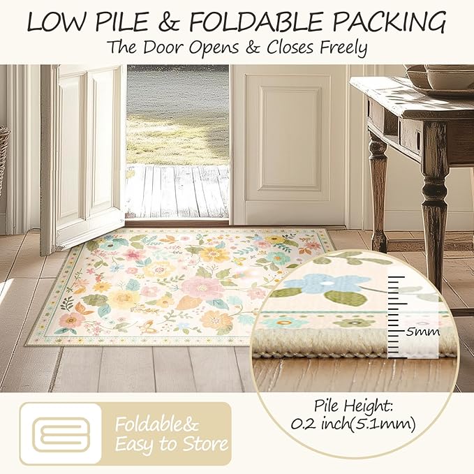 Floral 4ft Area Rug Machine Washable Soft Print Boho Carpet Non Slip Doormat Low Pile Flower Area Rugs for Living Room Bedroom Nursery Kitchen Dining Room Indoor-Beige/White/Orange