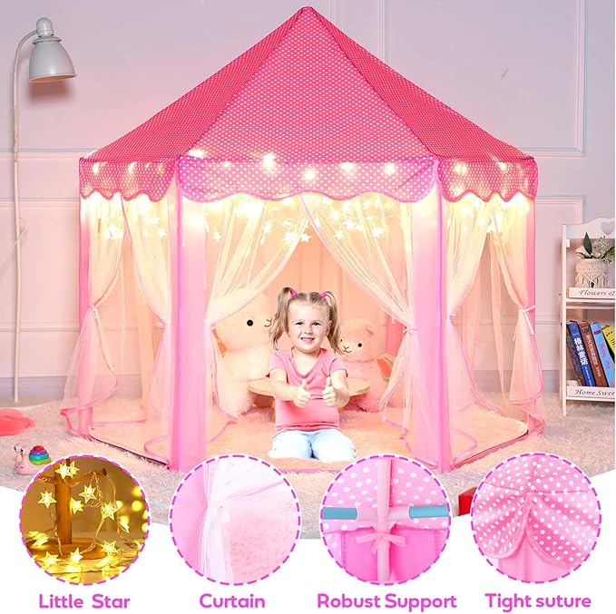 Princess Castle Tent with Rug for Girls Fairy Play Tents for Kids Hexagon Playhouse with Fairy Star Lights Toys for Children or Toddlers Indoor Games (Pink Princess Tent with Rug)