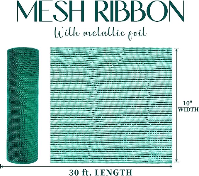 MEEDEE Forest Green Deco Mesh 10 Inch Deluxe Wide Foil Metallic Mesh Fabric Dark Green Mesh Ribbon for Christmas Tree, Wreaths, Garland, Gift Wrapping, Bows Making (30 Feet)