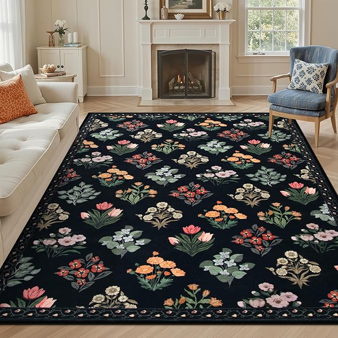 Wonnitar Floral Print 8x10 Washable Rug, Non Slip Black Dining Room Rug, Moroccan Large Stain Resistant Low Pile Indoor Carpet for Bedroom Playroom Home Decor, Black/Multi