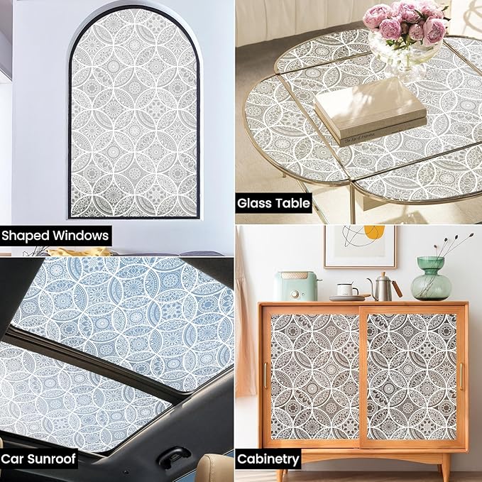 DKTIE Bohemian Decor Stained Glass Window Film with Installation Tools, Two-Way Window Privacy Film, Reduce Glare, Pure White, 35.4 x 118.1 Inch