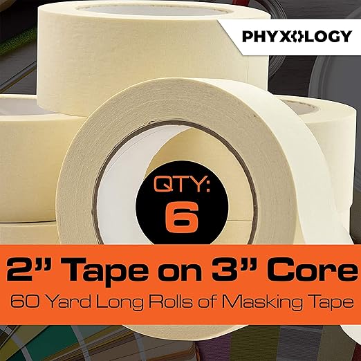 No-Residue 2 Inch, 60 Yard Masking Tape 6 Pk. Easy-Tear, Pro-Grade Removable Painters Tape Great for Home, Office, Commercial Contractor. Clean, Drip-Free Painting with Wide Crepe Paper Rolls