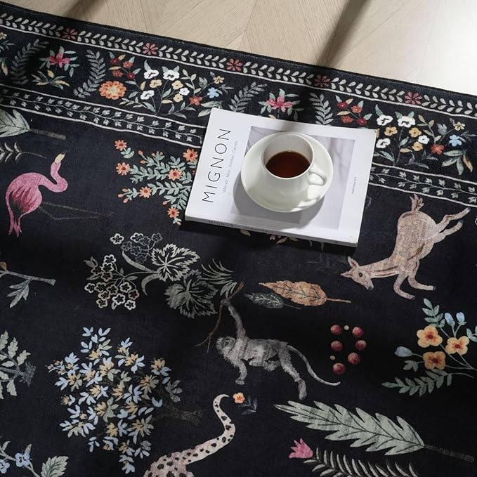 Rugcomf Bedroom Rug 3x5 Rug Washable Area Rug Non Slip Low Pile Boho Floral Animal Small Carpet for Bedroom, Bedside, Kitchen, Entryway, Kids Room, Office, College Dorm Essentials for Girls (Black)