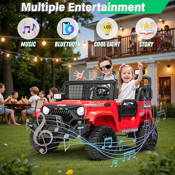 2 Seater Ride On Car Truck with Remote Control XL, Kids 24V Battery Powered Electric Vihicle w/21 in Seat, 3 Speeds, 2WD/4WD Switichable, Shock Absorbers,Bluetooth, Flower, Gift Choice