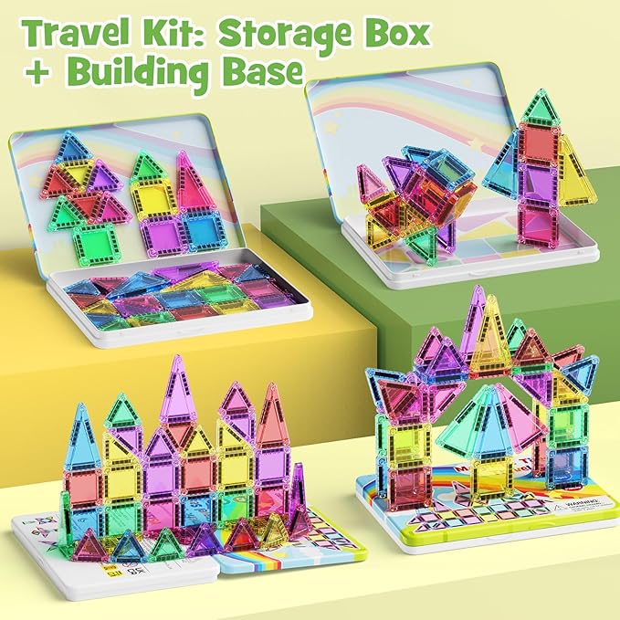 Magnetic Tiles Travel Toys for Kids 4-8, 42PCS Candy Color STEM Building Blocks with Visual Storage Guide & Metal Case, Airplane Activities & Toddler Travel Essentials Ages 3-5