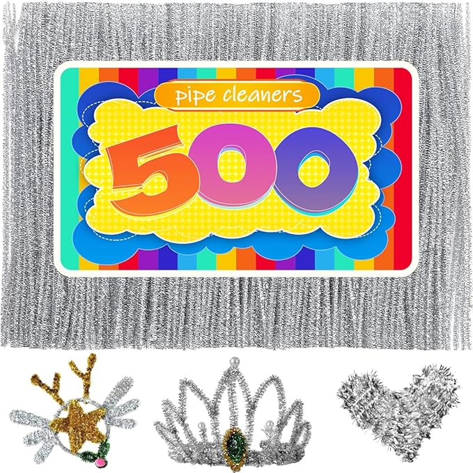 GAGANIU 500pcs Pipe Cleaners, Pipe Cleaners for Crafts, Craft Supplies Multicolor Chenille Stems for Art&Craft Christmas DIY Projects(Silver Glitter)