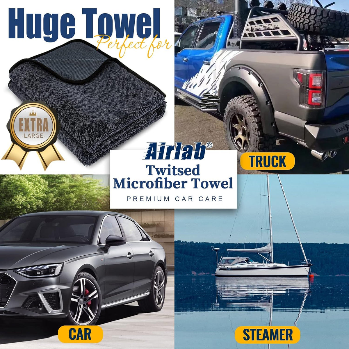 Airlab Microfiber Towels for Cars Wash Drying Extra Large Super Absorbent Cleaning Cloth Auto Detailing Ultra Soft, Lint-Free, Streak-Free, 35 x 24 Inch, Pack of 1, Grey-Black, 600 GSM