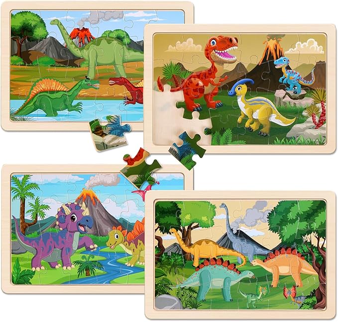Wooden Puzzles Dinosaur Toys for Kids Ages 3-5, Set of 4 Packs with 20-Piece Wood Jigsaw Puzzles, Preschool Educational Brain Teaser Boards for Boys and Girls 3 4 5 6 Years Old