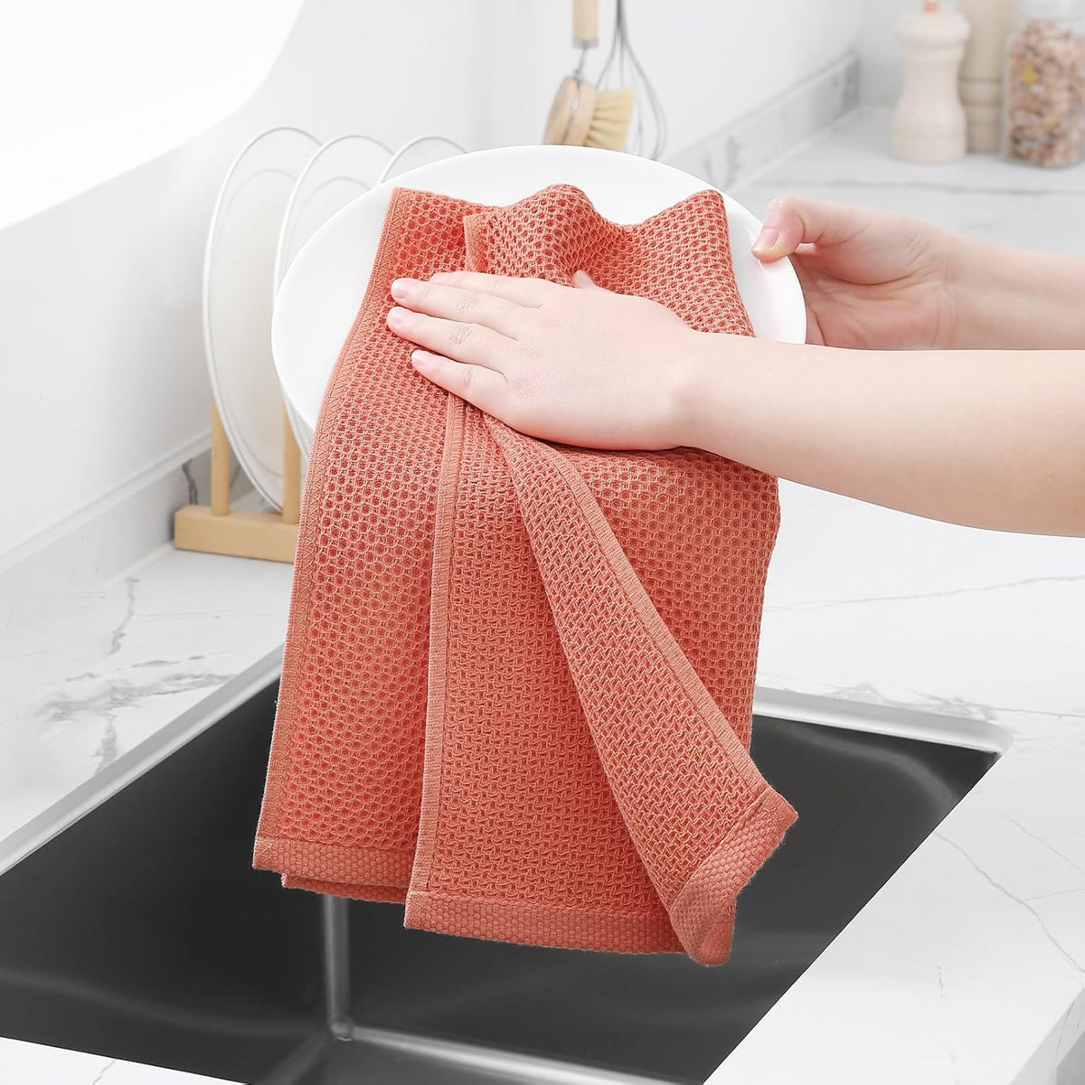 Homaxy 100% Cotton Waffle Weave Kitchen Dish Towels, Ultra Soft Absorbent Quick Drying Cleaning Towel, 13 x 28 Inches, 8-Pack, Coral