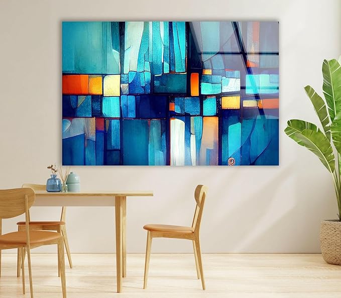 My Photostation.com 48Wx32H'' Blue Vibrant Stained Glass Wall ArtTempered Glass Printing Wall Decor Large Wall Art Wall Hangings