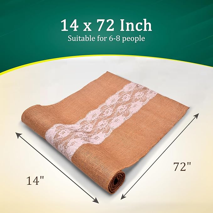 Burlap Lace Table Runner (Pack of 6) – 14”x 72” - No-Fray Finished Edge Natural Table Runner – No Odor, Eco-Friendly Burlap Runner - Perfect for Christmas, Wedding, Thanksgiving