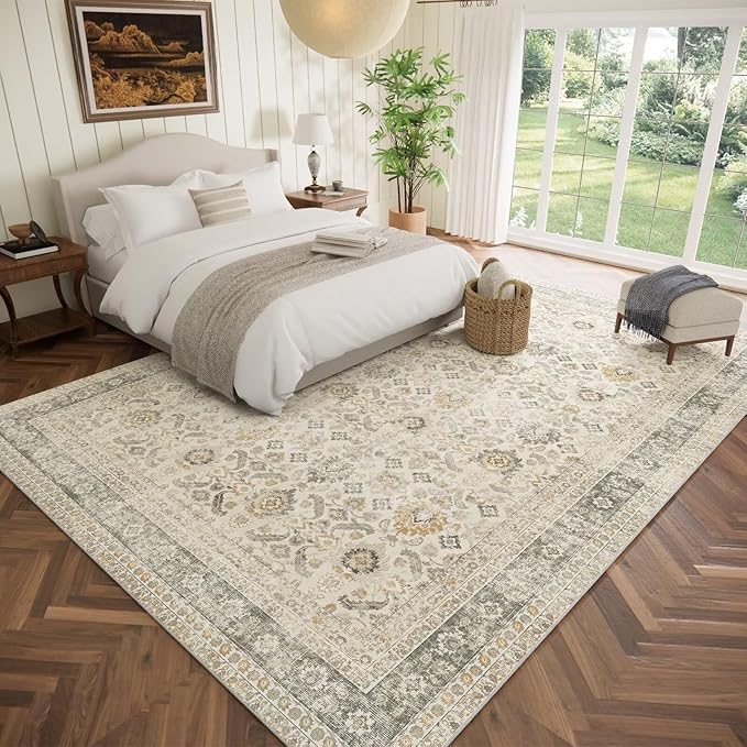 Washable 10x14 Area Rugs for Living Room, Boho Non-Slip Silicone Backing Rugs for Bedroom Dining Room Office, 0.3" Neutral Oriental Throw Carpet with 0.16" Cushioning Pad, Grey/Multi