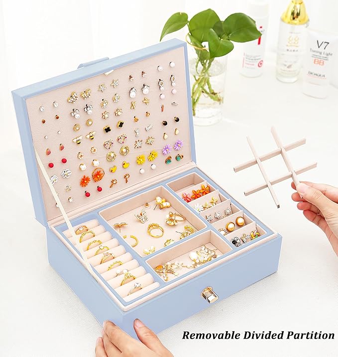 Girls Jewelry Box Earring Holder Organizer for Girls Jewelry Organizer Box Stud Earrings Organizer for Girls Womens Blue Jewelry Box for Earrings and Necklaces Rings Stud Earrings Box for Teen