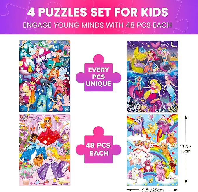 QUOKKA Puzzles for Toddlers 3-5 – 4 x 48 Pieces Puzzles for Kids Ages 3-4 – 12 Toy Learning Vert Girls for 4-6 – Jigsaw Game for Boy and Girl 3-5-7 Year Old