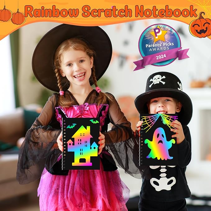 ZMLM Rainbow Scratch Party Favors Kids: Birthday Gifts Toy Bulk Scratch Art Notebook 24 Pack Birthday Goodie Bags Stuffers Girls Boys Art Craft Pad Classroom Prizes School Teacher Supplies (Halloween)