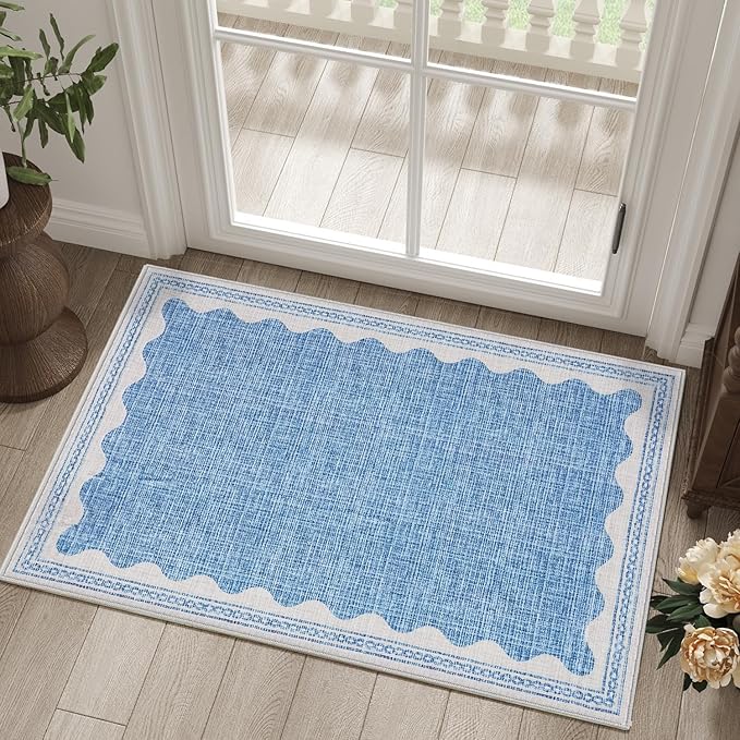 Scalloped Rug 2x3 Rugs for Entryway, Solid Blue Rugs Small Area Rug Non Slip Scalloped Bath Mat, Washable Front Door Mat Indoor Entrance,Soft Girls Nursery Dorm Carpet for Bedroom Kitchen