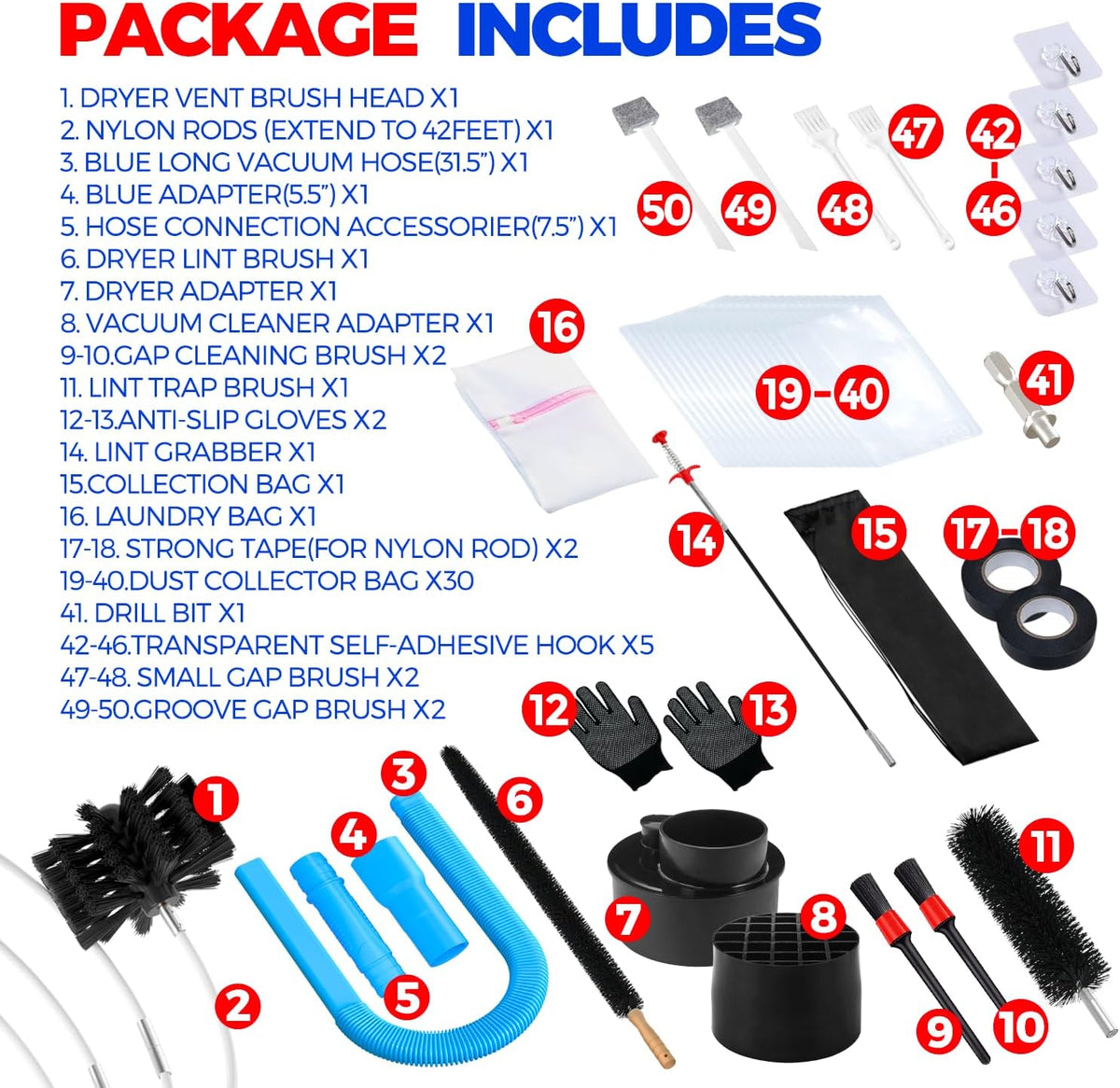 Holikme Dryer Vent Cleaner Kit Dryer Cleaning Tool Include Dryer Vent Brush, Omnidirectional Blue Dryer Lint Vacuum Attachment Dryer Lint Trap Brush, Vacuum & Dryer Adapters