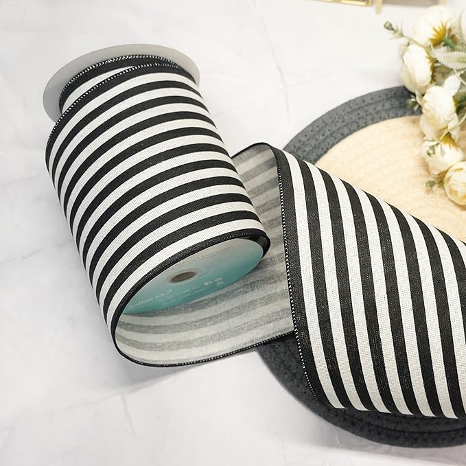 CT CRAFT LLC Striped Canvas Cotton Ribbon 6" x 10 Yards Ivory/Black Stripes for Thanksgiving Christmas Home Décor Gift Wrapping Outdoor Tree Topper Bow Wreath