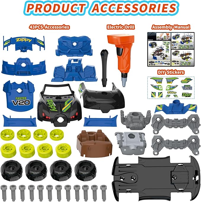 3-in-1 Building Car for Boys Ages 3+, Take Apart Car with Electric Drill, 43 Pcs Construction Toy Truck, Build Your Own Cars with Play Tools, Ideal Educational Present for Kids Children (Black)