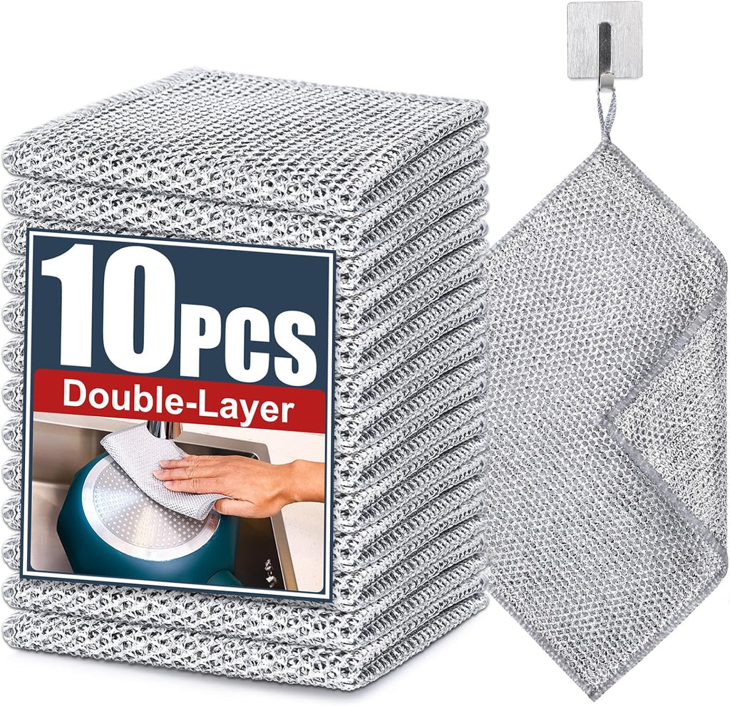 Navona 10 Pcs New Upgrade Steel Wire Dishcloth,Double-Layer Steel Wire Cleaning Cloth,Powerful Cleaning Non-Scratch Wire Dishcloth Rag for Cookware, Sinks, Dishes, Stove Tops